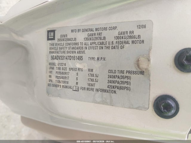 2007 Buick Terraza Cxl მანქანა იყიდება აუქციონზე, vin: 5GADV33147D161495, აუქციონის ნომერი: 45100961