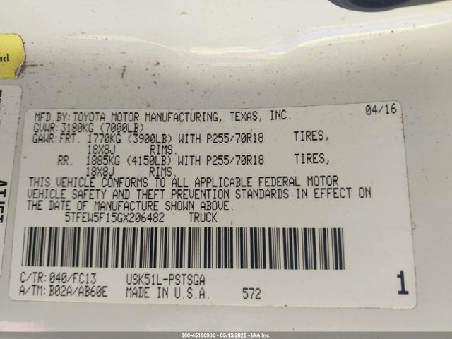 45100980 :رقم المزاد ، 5TFEW5F15GX206482 vin ، 2016 Toyota Tundra Sr5 5.7l V8 مزاد بيع