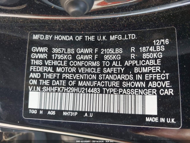 45100991 :رقم المزاد ، SHHFK7H29HU214483 vin ، 2017 Honda Civic Lx مزاد بيع