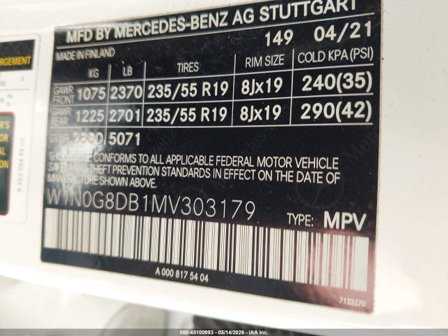 Aukcja sprzedaży 2021 Mercedes-benz Glc 300 Suv, vin: W1N0G8DB1MV303179, numer aukcji: 45100993