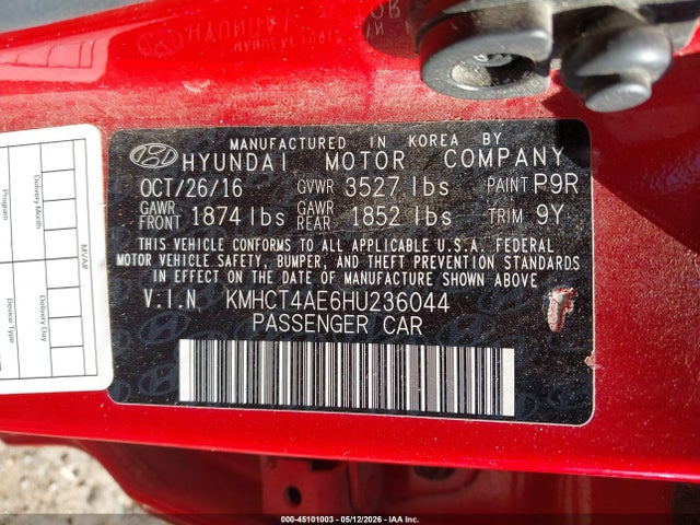 Продаж на аукціоні авто 2017 Hyundai Accent Se, vin: KMHCT4AE6HU236044, номер лоту: 45101003