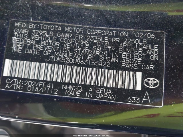 Продаж на аукціоні авто 2006 Toyota Prius, vin: JTDKB20U863155422, номер лоту: 45101015