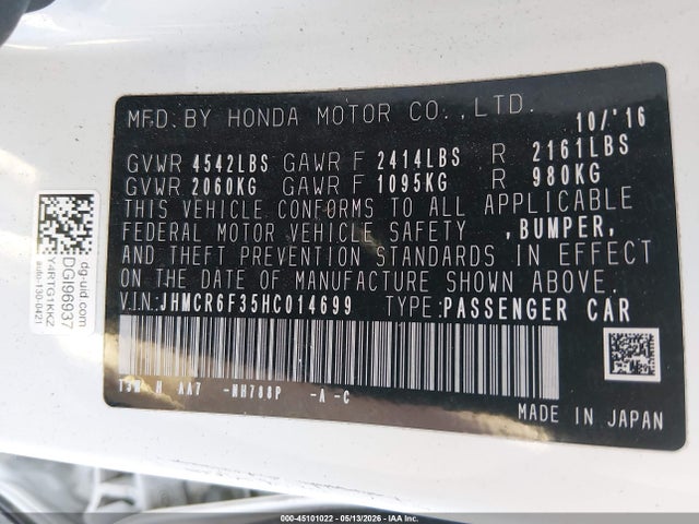 Продажа на аукционе авто 2017 Honda Accord Hybrid, vin: JHMCR6F35HC014699, номер лота: 45101022