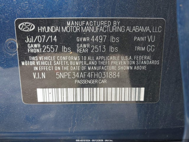 45101024 :رقم المزاد ، 5NPE34AF4FH031884 vin ، 2015 Hyundai Sonata Sport مزاد بيع
