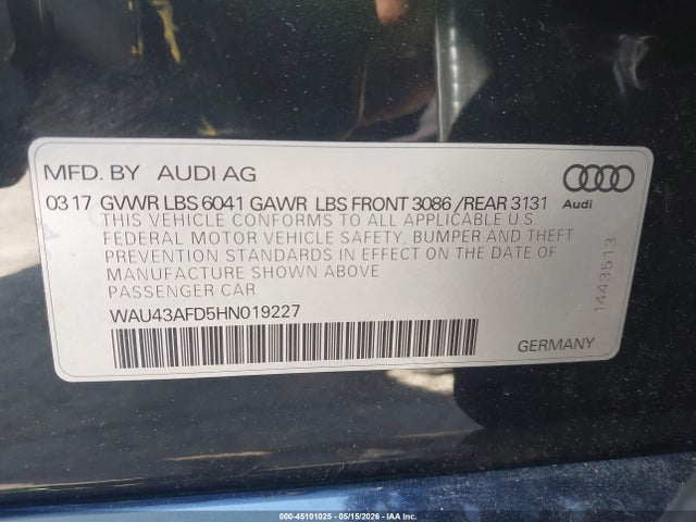 Продажа на аукционе авто 2017 Audi A8 L 4.0t Sport, vin: WAU43AFD5HN019227, номер лота: 45101025