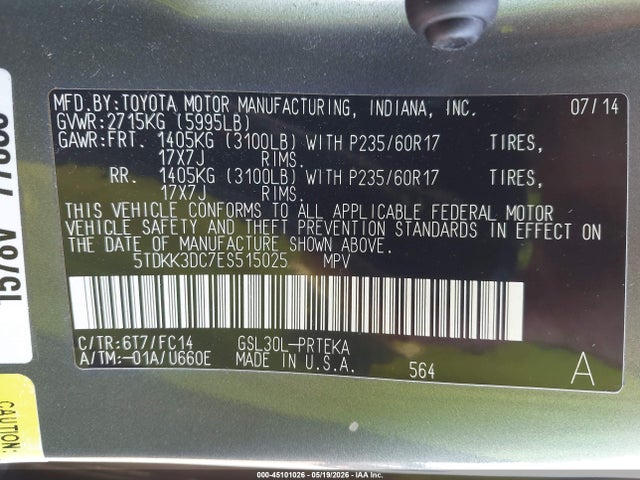 Aukcja sprzedaży 2014 Toyota Sienna Le V6 8 Passenger, vin: 5TDKK3DC7ES515025, numer aukcji: 45101026