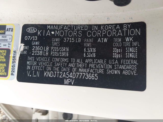 Aukcja sprzedaży 2013 Kia Soul, vin: KNDJT2A54D7773665, numer aukcji: 45101039