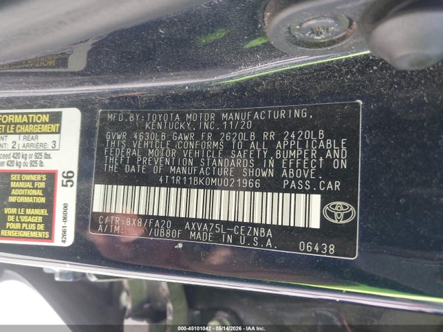 2021 Toyota Camry Le Awd მანქანა იყიდება აუქციონზე, vin: 4T1R11BK0MU021966, აუქციონის ნომერი: 45101042