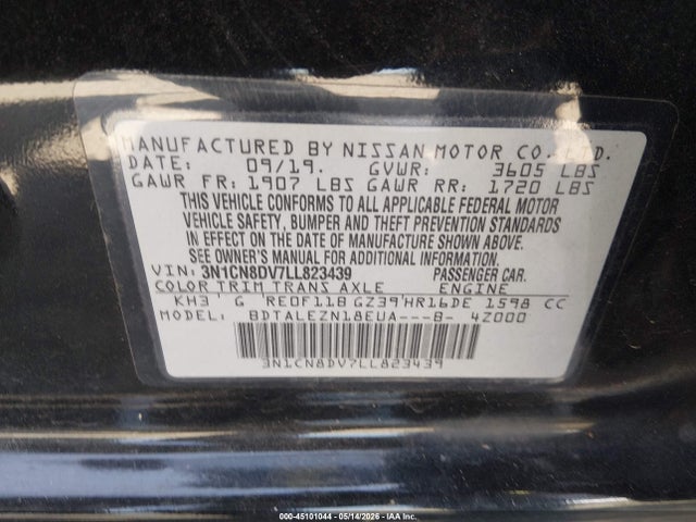 Aukcja sprzedaży 2020 Nissan Versa S Xtronic Cvt, vin: 3N1CN8DV7LL823439, numer aukcji: 45101044