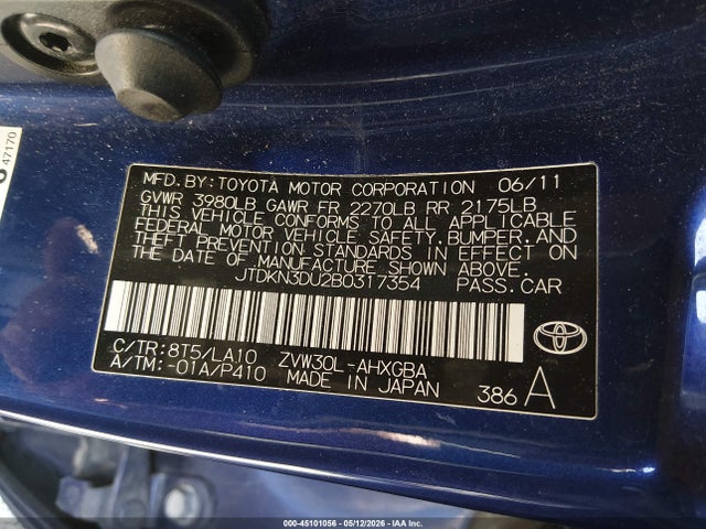 Aukcja sprzedaży 2011 Toyota Prius Four, vin: JTDKN3DU2B0317354, numer aukcji: 45101056
