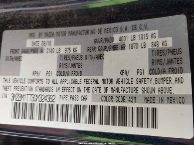 3MZBM1T73GM324382 Mazda Mazda3 I Sport