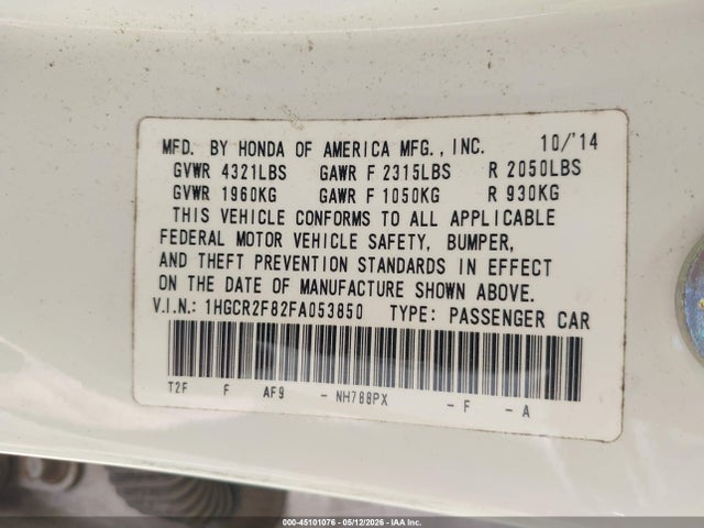 Aukcja sprzedaży 2015 Honda Accord Ex-l, vin: 1HGCR2F82FA053850, numer aukcji: 45101076