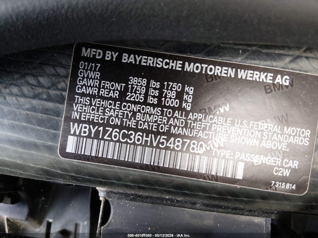 Продаж на аукціоні авто 2017 Bmw I3 94 Ah, vin: WBY1Z6C36HV548780, номер лоту: 45101080