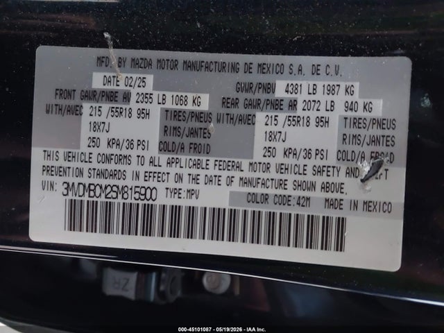45101087 :رقم المزاد ، 3MVDMBCM2SM815900 vin ، 2025 Mazda Cx-30 2.5 S Preferred Package مزاد بيع