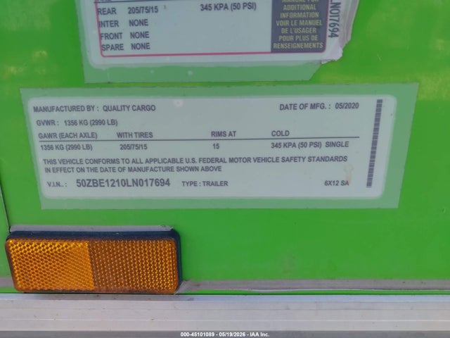 Продажа на аукционе авто 2020 Quality Quality Trailer, vin: 50ZBE1210LN017694, номер лота: 45101089