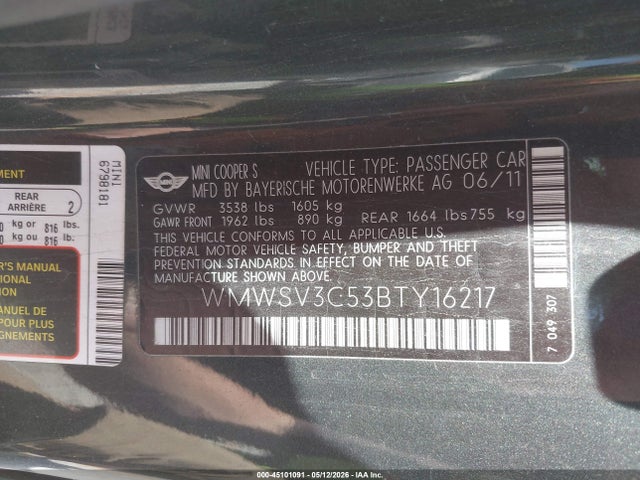 Aukcja sprzedaży 2011 Mini Cooper S, vin: WMWSV3C53BTY16217, numer aukcji: 45101091