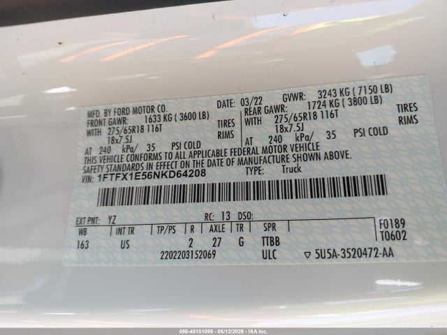 2022 Ford F-150 Xlt მანქანა იყიდება აუქციონზე, vin: 1FTFX1E56NKD64208, აუქციონის ნომერი: 45101095