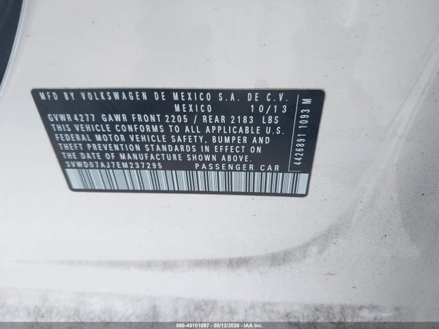 2014 Volkswagen Jetta 1.8t Se მანქანა იყიდება აუქციონზე, vin: 3VWD07AJ7EM237295, აუქციონის ნომერი: 45101097