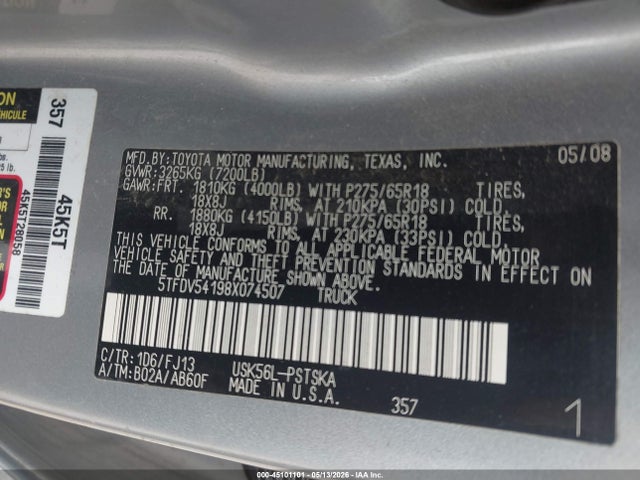 2008 Toyota Tundra Sr5 5.7l V8 მანქანა იყიდება აუქციონზე, vin: 5TFDV54198X074507, აუქციონის ნომერი: 45101101