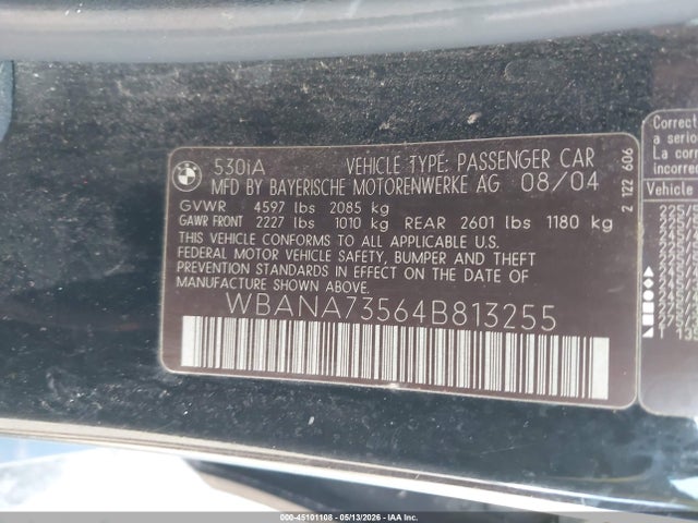 45101108 :رقم المزاد ، WBANA73564B813255 vin ، 2004 Bmw 530i مزاد بيع