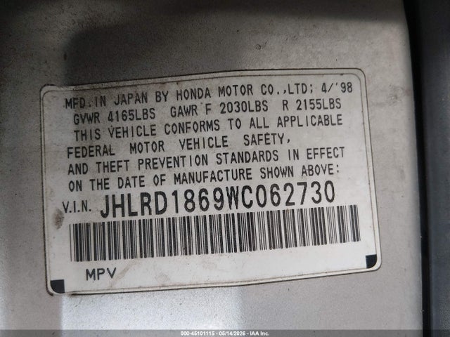 45101115 :رقم المزاد ، JHLRD1869WC062730 vin ، 1998 Honda Cr-v Ex مزاد بيع