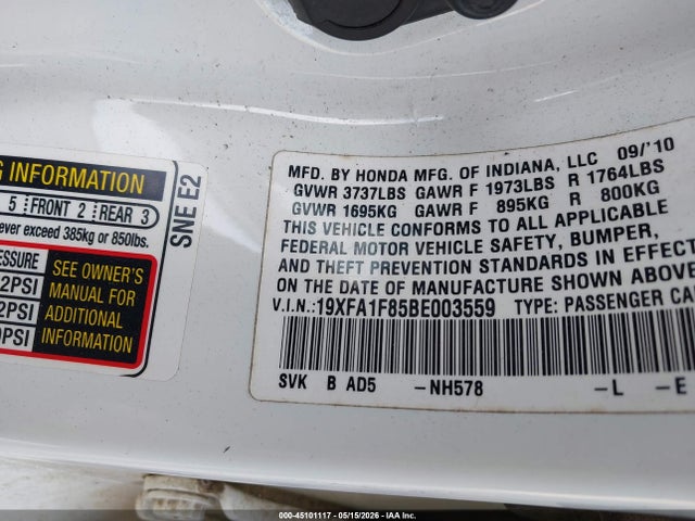 Aukcja sprzedaży 2011 Honda Civic Ex, vin: 19XFA1F85BE003559, numer aukcji: 45101117