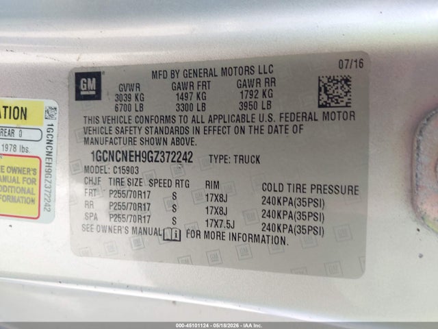 Продаж на аукціоні авто 2016 Chevrolet Silverado 1500 Wt, vin: 1GCNCNEH9GZ372242, номер лоту: 45101124