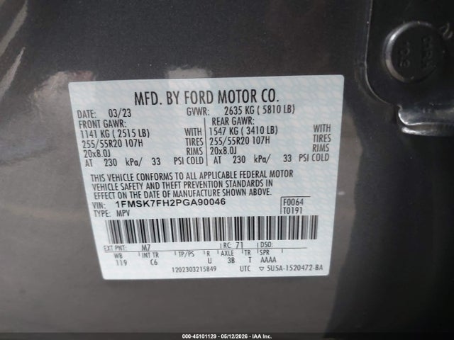 45101129 :رقم المزاد ، 1FMSK7FH2PGA90046 vin ، 2023 Ford Explorer Limited مزاد بيع