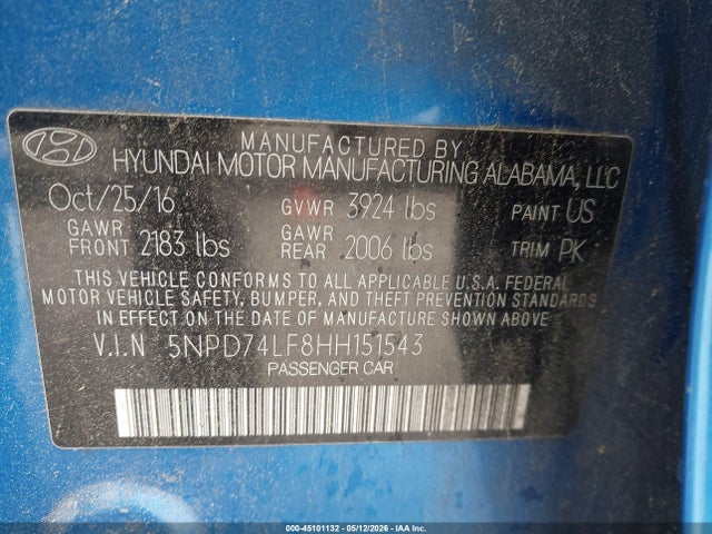 Продажа на аукционе авто 2017 Hyundai Elantra Se, vin: 5NPD74LF8HH151543, номер лота: 45101132