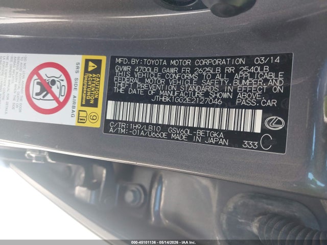Продажа на аукционе авто 2014 Lexus Es 350, vin: JTHBK1GG2E2127046, номер лота: 45101136
