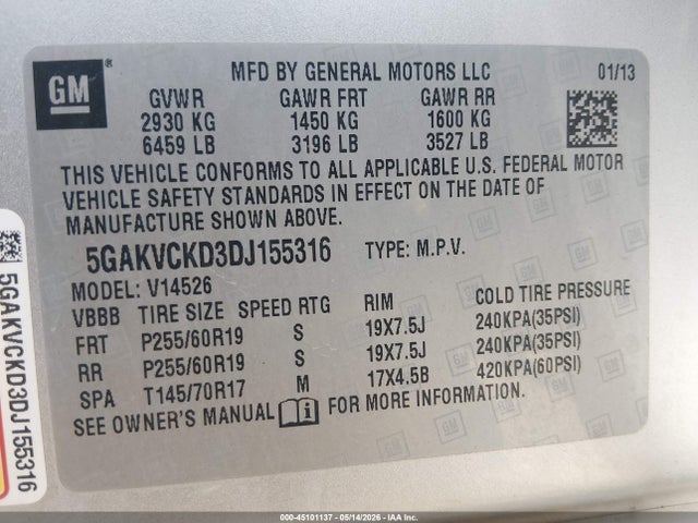 2013 Buick Enclave Leather მანქანა იყიდება აუქციონზე, vin: 5GAKVCKD3DJ155316, აუქციონის ნომერი: 45101137