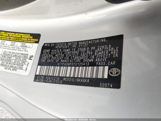 2007 Toyota Camry Solara Sle მანქანა იყიდება აუქციონზე, vin: 4T1FA38P07U125413, აუქციონის ნომერი: 45101153