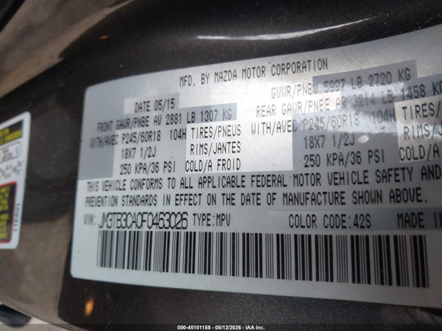45101158 :رقم المزاد ، JM3TB3CA0F0463026 vin ، 2015 Mazda Cx-9 Touring مزاد بيع