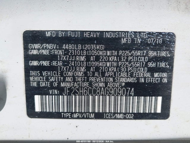 Aukcja sprzedaży 2010 Subaru Forester 2.5x Premium, vin: JF2SH6CC8AG909074, numer aukcji: 45101160