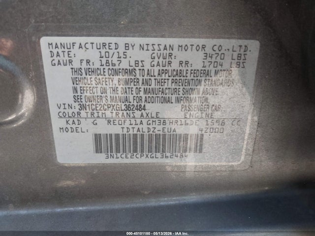 3N1CE2CPXGL362484 Nissan Versa Note S (sr)/s Plus/sl/sr/sv