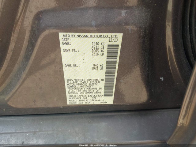 Продажа на аукционе авто 2014 Nissan Altima 2.5 S, vin: 1N4AL3AP6EC190259, номер лота: 45101190