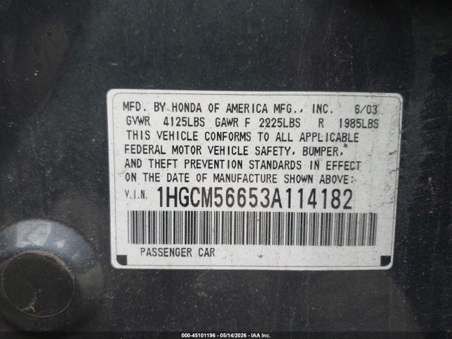 2003 Honda Accord 2.4 Ex მანქანა იყიდება აუქციონზე, vin: 1HGCM56653A114182, აუქციონის ნომერი: 45101196