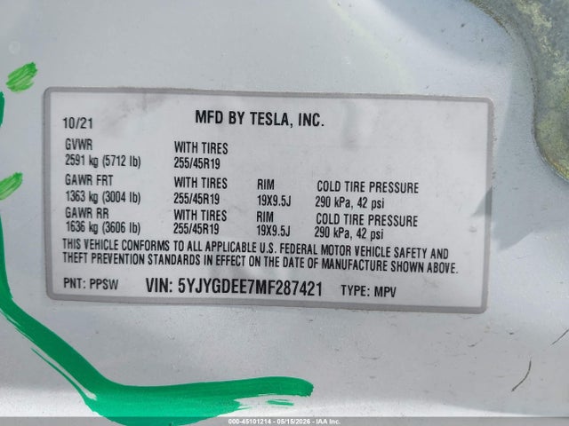 45101214 :رقم المزاد ، 5YJYGDEE7MF287421 vin ، 2021 Tesla Model Y Long Range Dual Motor All-wheel Drive مزاد بيع
