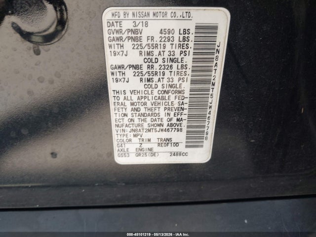 45101219 :رقم المزاد ، JN8AT2MT5JW467798 vin ، 2018 Nissan Rogue Sl مزاد بيع