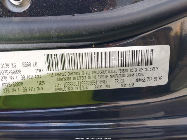 45101238 :رقم المزاد ، 1C6RR6LT1GS262654 vin ، 2016 Ram 1500 Lone Star مزاد بيع
