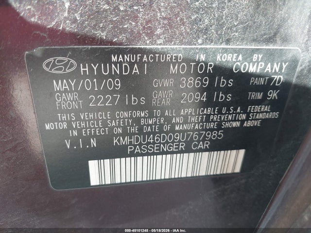 Продаж на аукціоні авто 2009 Hyundai Elantra Gls, vin: KMHDU46D09U767985, номер лоту: 45101248