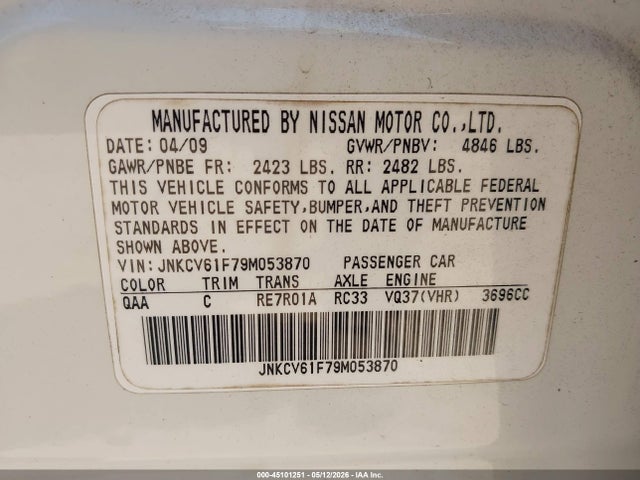 2009 Infiniti G37x მანქანა იყიდება აუქციონზე, vin: JNKCV61F79M053870, აუქციონის ნომერი: 45101251