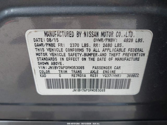 45101264 :رقم المزاد ، JN1BV7AP0FM353065 vin ، 2015 Infiniti Q50 Sport مزاد بيع