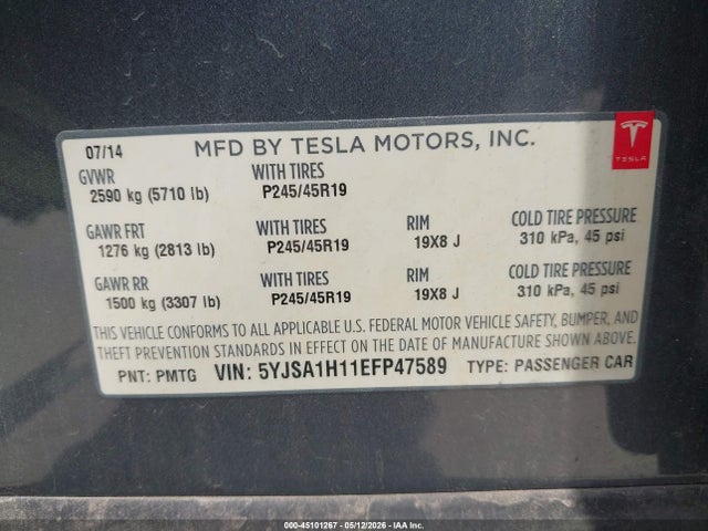 45101267 :رقم المزاد ، 5YJSA1H11EFP47589 vin ، 2014 Tesla Model S P85 مزاد بيع
