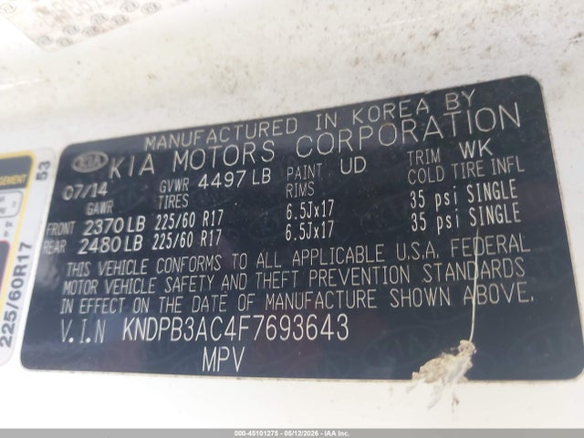 45101275 :رقم المزاد ، KNDPB3AC4F7693643 vin ، 2015 Kia Sportage Lx مزاد بيع