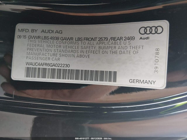 2016 Audi S5 3.0t Premium Plus მანქანა იყიდება აუქციონზე, vin: WAUC4AFR6GA022230, აუქციონის ნომერი: 45101277