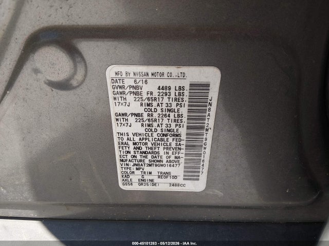 45101283 :رقم المزاد ، JN8AT2MT9GW016477 vin ، 2016 Nissan Rogue S مزاد بيع
