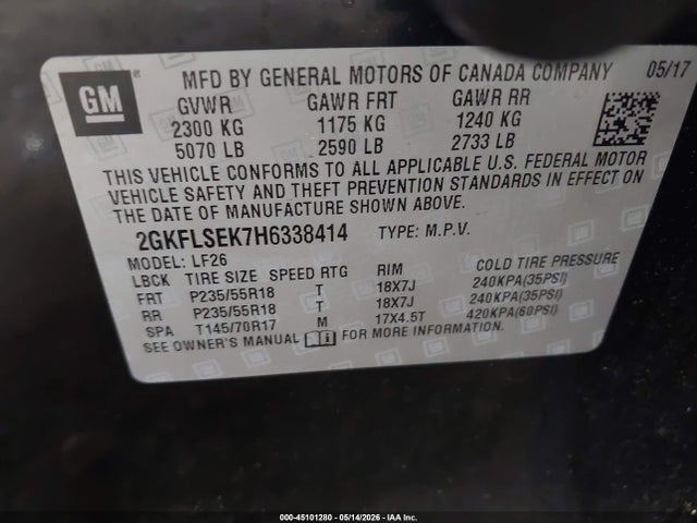 45101280 :رقم المزاد ، 2GKFLSEK7H6338414 vin ، 2017 Gmc Terrain Sle-1 مزاد بيع
