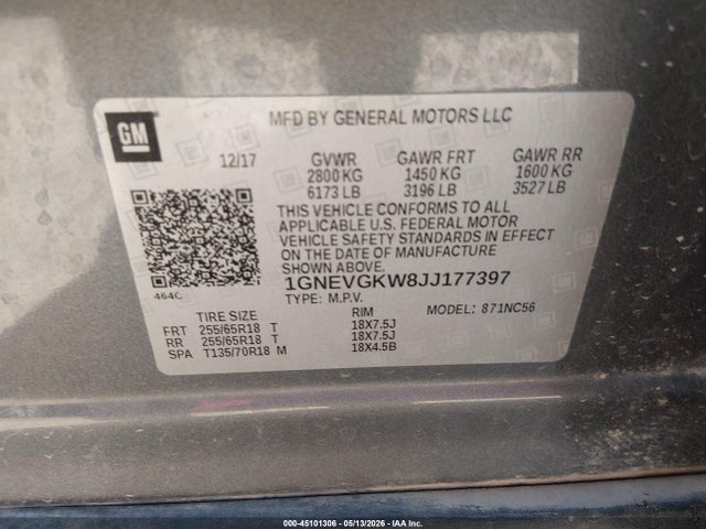 45101306 :رقم المزاد ، 1GNEVGKW8JJ177397 vin ، 2018 Chevrolet Traverse 1lt مزاد بيع
