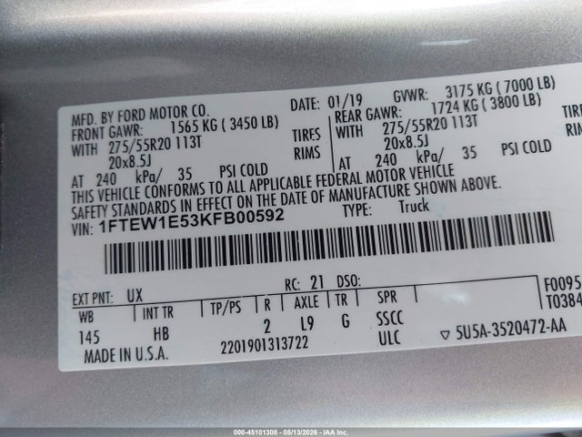 Aukcja sprzedaży 2019 Ford F-150 Lariat, vin: 1FTEW1E53KFB00592, numer aukcji: 45101308